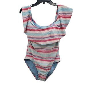 Time and Tru Women's Pink Blue Pastel Stripe Off‎ Shoulder One Piece Swimsuit M